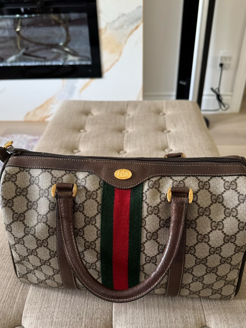 Gucci Beige GG Supreme Canvas Boston Bag with Brown Leather and Red/Green Stripe